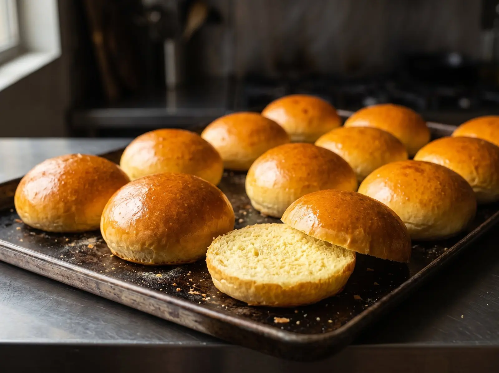 Pães brioche dourados saindo do forno, numa assadeira