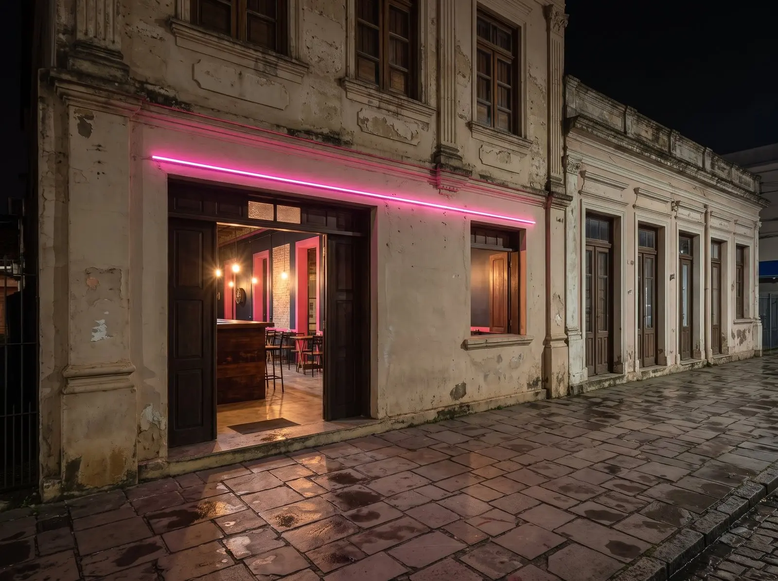 A fachada do Trilho Burger à noite, com a porta aberta e a luz do salão acesa